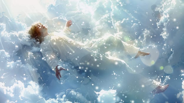 The figure rests gracefully in cloudy surroundings, bathed in gentle light, evoking a sense of peace and tranquility in a dreamlike setting - Generative AI