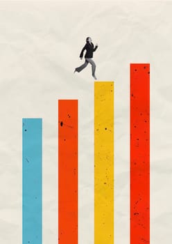 A person climbing a colorful bar graph, symbolizing business growth, success, and career advancement.