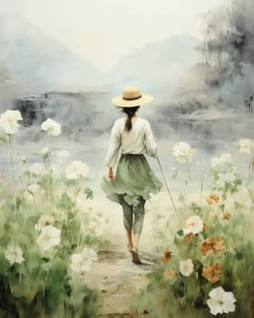 Painting woman in hat walking among flowers, abstract painting. Selective focus.