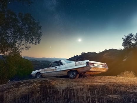 An old, rusted car sits alone on a hillside, surrounded by nature. The vibrant twilight sky is filled with stars, creating a stunning contrast with the vehicle's decay.