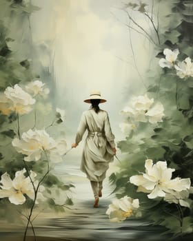 Painting woman in hat walking among flowers, abstract painting. Selective focus.