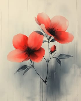Abstract painting in white, red and gray tones, with flowers on textured background. Selective focus.