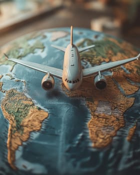 Airplane flying around the earth, concept of traveling around the world. Selective focus.