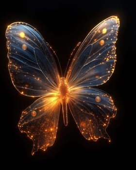 A mystical glowing butterfly on a black background. Selective focus.