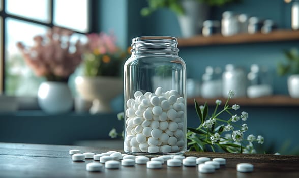 Bottle with pills on table on blurred background of room. Selective focus.
