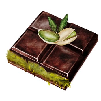 Chocolate watercolor. Hand drawn Dubai dark chocolate bar filled with kataifi and pistachio paste on isolated white background. Clip art of sweet dessert. Ideal for logo and packaging of sweets, coffee shop menu and recipes. High quality illustration