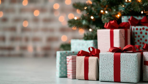 Christmas gifts wrapped in elegant paper and red ribbons under a decorated Christmas tree with sparkling lights. Holiday season, celebration, and giving concept.