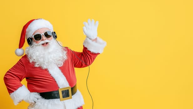 Cool Santa Claus wearing headphones listening to Christmas music and dancing on yellow background