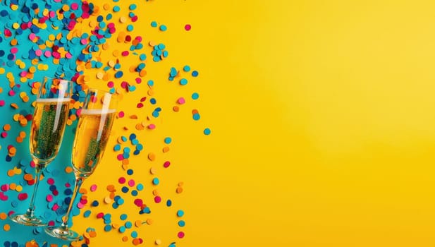 Two champagne glasses with confetti on a vibrant yellow background with copy space. Perfect for celebrations, parties, and festive occasions.