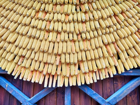 Dried corn is displayed in a visually striking pattern, creating an artistic effect against weathered wood.
