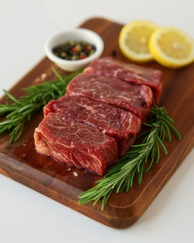 Raw pieces of meat lie on the table, ready for cooking. Selective focus.