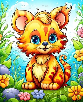 Illustration for children, cheerful tiger cub sits in flowers. Selective focus.