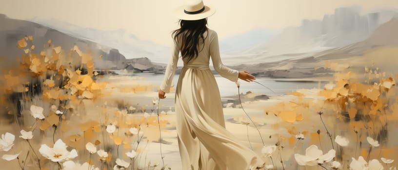 Abstract painting, painting woman in hat and flowers.on textured background. Selective focus.