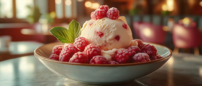 Ice cream with berries in a cup on the table. Selective focus.