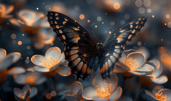 Mystical butterfly with glowing wings on flowers. Selective focus.