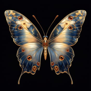 A mystical glowing butterfly on a black background. Selective focus.