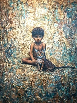 Painting of a little girl with brown skin and black hair hugging her white toy rabbit, both smiling, on a light blue background