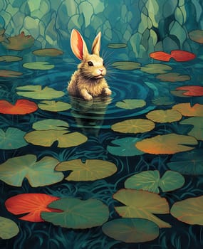 Illustration for children, rabbit sitting in lake, surrounded by lotus leaves. Selective focus.