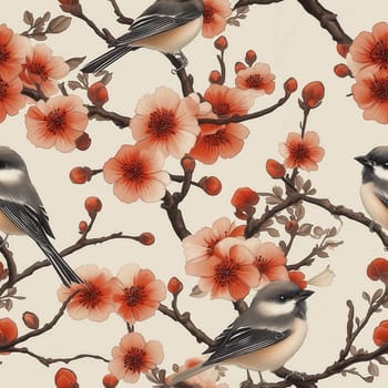 Seamless pattern with flowers and birds on branches, on a light background. Selective focus.