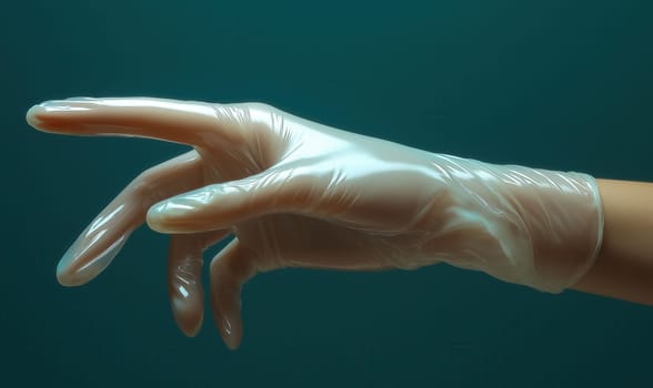 Hand in a white latex glove on a green background. Selective focus.