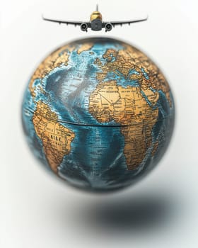 Airplane flying around the earth, concept of traveling around the world. Selective focus.