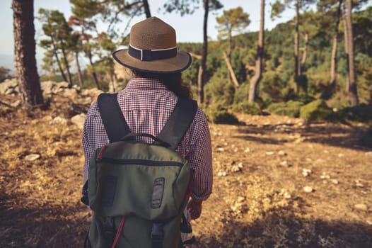 A hiker enjoying a serene walk through a forest trail, wearing a straw hat and backpack. Surrounded by lush green trees, the scene evokes a sense of adventure and exploration.