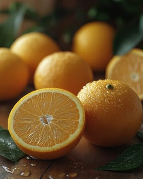 A juicy cut orange lies on a wooden board. Selective focus.