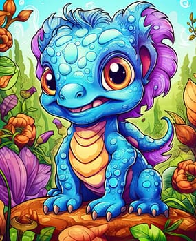 Illustration for children, smiling dragon on colored background. Selective focus.