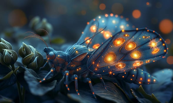 Mystical butterfly with glowing wings on flowers. Selective focus.