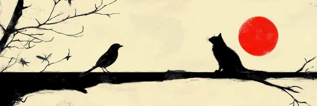 Illustration, sitting black cat and bird on a light background. Selective focus.