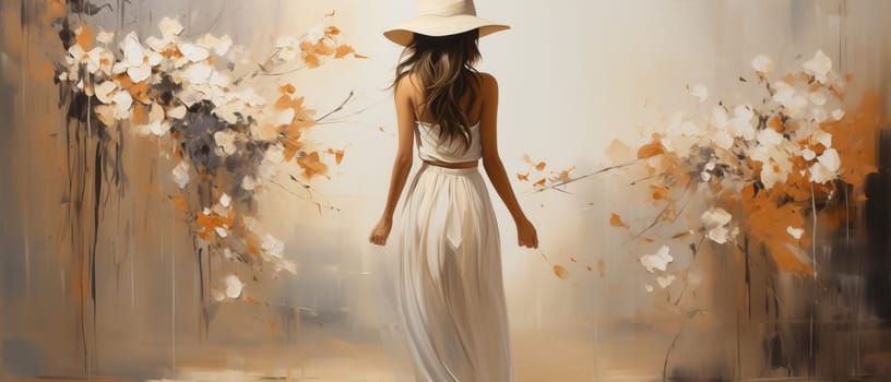 Abstract painting, painting woman in hat and flowers.on textured background. Selective focus.