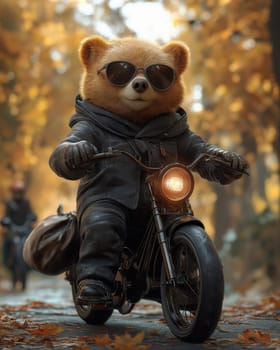 Illustration of a bear in a jacket on a bike in an autumn forest. Selective focus.
