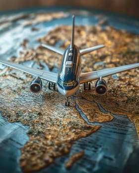 Airplane flying around the earth, concept of traveling around the world. Selective focus.