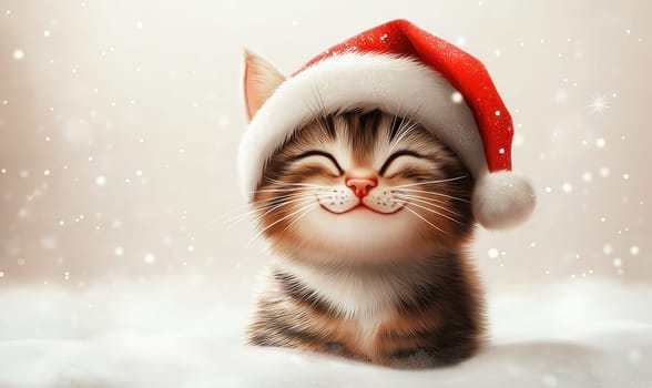 Cartoon cat in a Santa hat on a white background. Selective focus.