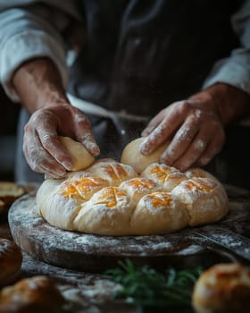 Close-up of hands kneading dough on table surface. Selective focus.