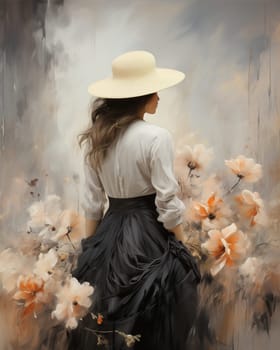 Abstract painting, painting woman in hat and flowers.on textured background. Selective focus.