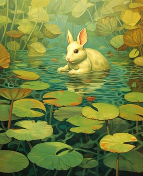 Illustration for children, rabbit sitting in lake, surrounded by lotus leaves. Selective focus.