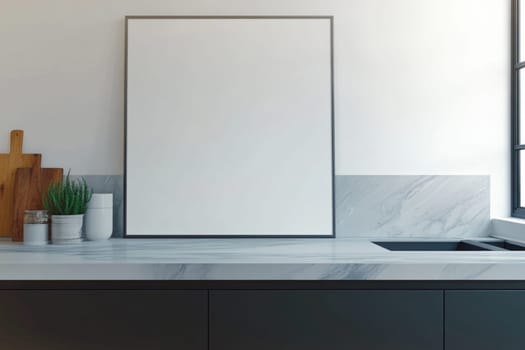 A white framed mirror sits on a countertop next to a sink and a wooden cutting board. The countertop is made of marble and the mirror is empty