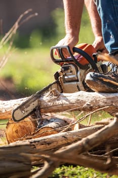 A man skillfully uses a chainsaw to cut wood outside in nature, showcasing intense action and concentration