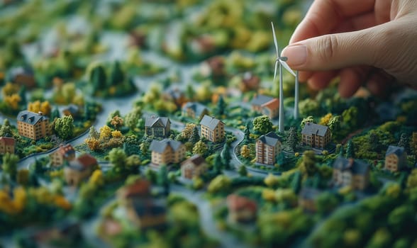 Hands making a miniature model of a cityscape with wind turbines, green energy. Selective focus.