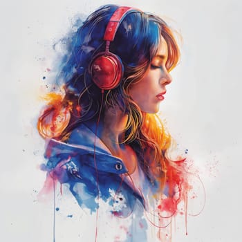 Creative colorful design, a man in headphones listening to music. Selective focus.