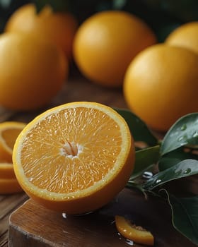 A juicy cut orange lies on a wooden board. Selective focus.