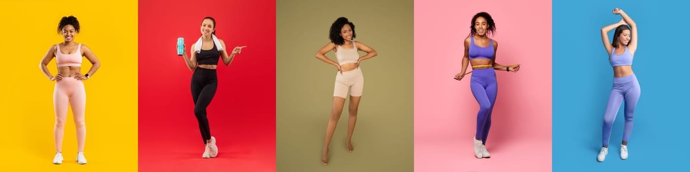 Five women model stylish activewear in bright colors, reflecting energy and fitness in a studio. Each outfit highlights unique styles and encourages a healthy lifestyle choice.