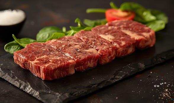 Raw pieces of meat lie on the table, ready for cooking. Selective focus.