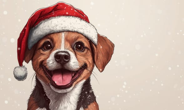 Cartoon smiling dog in Santa Claus hat, on white background. Selective focus.