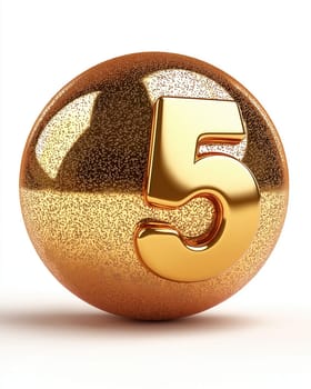 Golden ball with the number 5 on a white background. Selective focus.