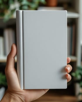 A hand holds a white book with a blank cover.