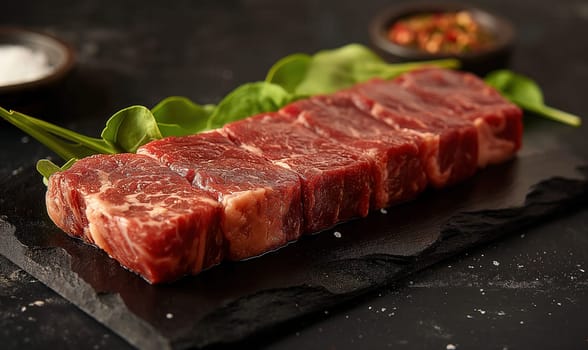 Raw pieces of meat lie on the table, ready for cooking. Selective focus.