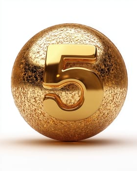 Golden ball with the number 5 on a white background. Selective focus.
