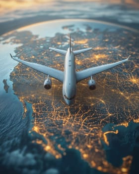 Airplane flying around the earth, concept of traveling around the world. Selective focus.